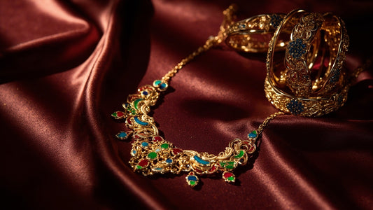 gold jewelry set on silk fabric with vibrant colors and soft warm lighting