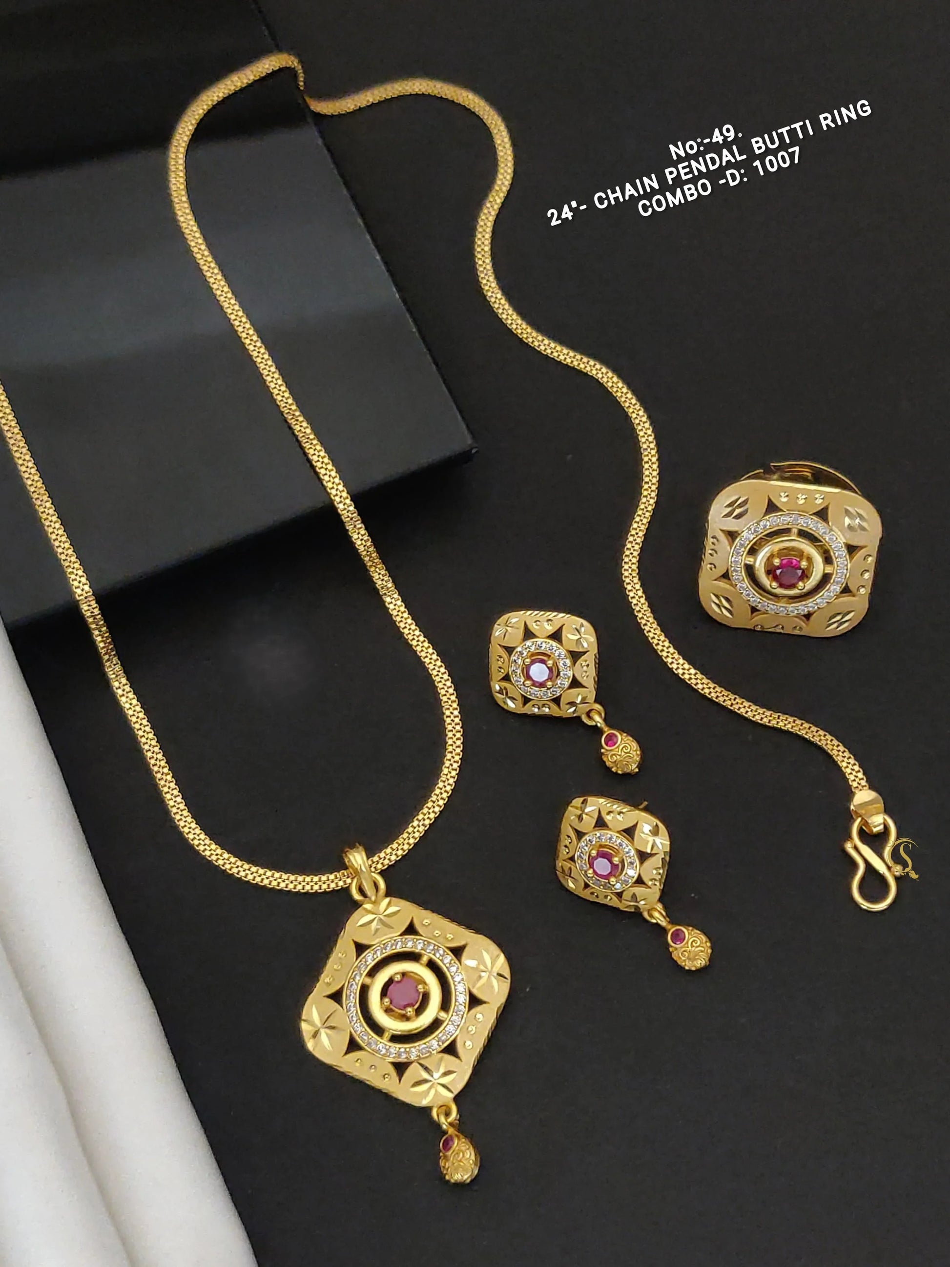 24-inch gold chain necklace with square pendant and matching earrings featuring red stones