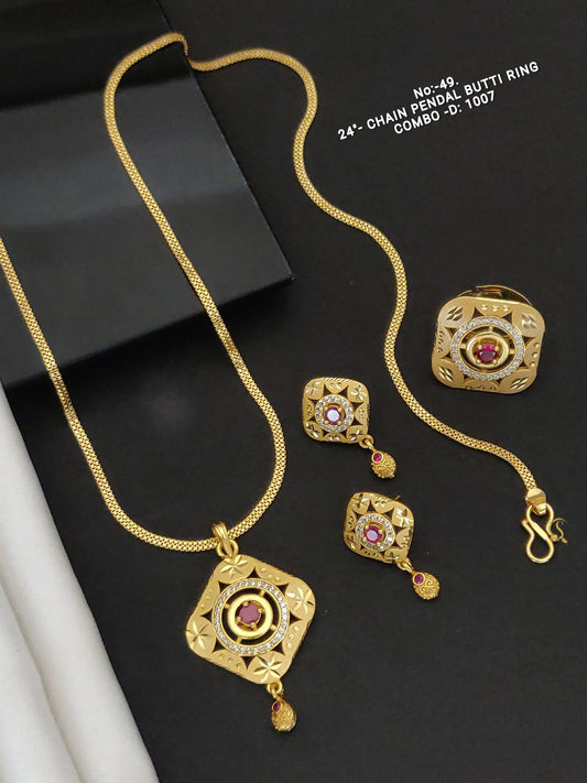 24-inch gold chain necklace with square pendant and matching earrings featuring red stones