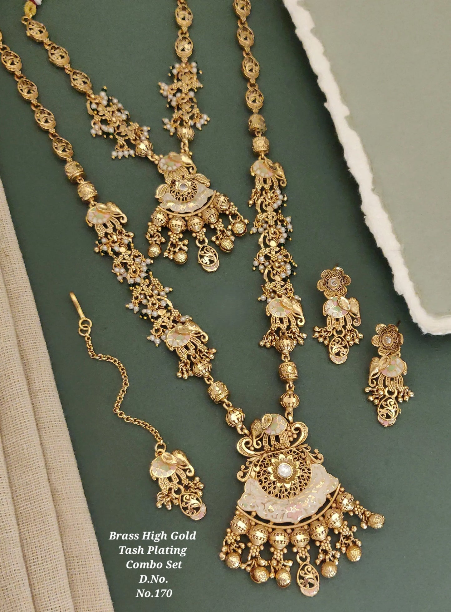 Brass high gold plating traditional Indian jewelry combo set with elephant motifs and intricate pearl detailing